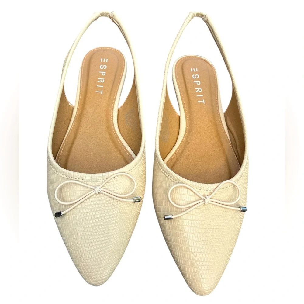 Esprit Petria Pointed-Toe Slingback Flats Slip On Ivory Lizard Cream Sz 8.5 New